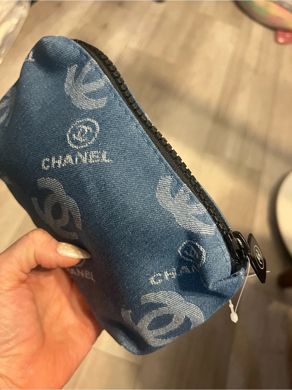 Women's Denim Makeup Logo Pouch - Blue